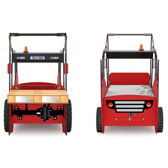 Pat cu Birou 2 in 1 pentru copii - MotoStivuitor cu Cupa cu LED-uri din lemn MDF - Patut mare forma de masina cu saltea inclusa