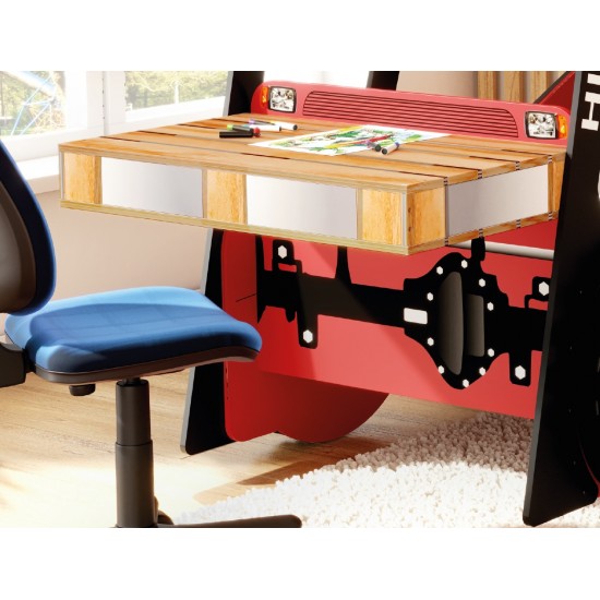Pat cu Birou 2 in 1 pentru copii - MotoStivuitor cu Cupa cu LED-uri din lemn MDF - Patut mare forma de masina cu saltea inclusa