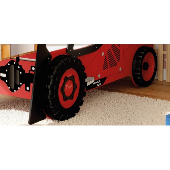 Pat cu Birou 2 in 1 pentru copii - MotoStivuitor cu Cupa cu LED-uri din lemn MDF - Patut mare forma de masina cu saltea inclusa