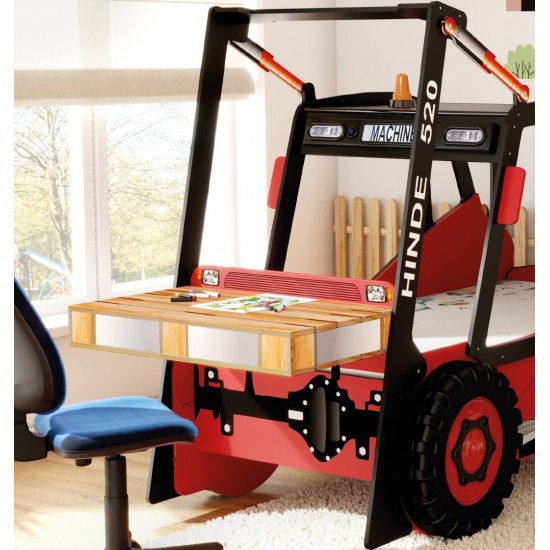 Pat cu Birou 2 in 1 pentru copii - MotoStivuitor cu Cupa cu LED-uri din lemn MDF - Patut mare forma de masina cu saltea inclusa