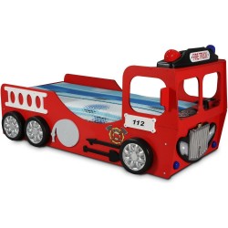 Pat din MDF pentru copii Fire Truck Rosu cu LED-uri - Pat din lemn pentru copii tip masina Pompieri 