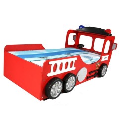Pat din MDF pentru copii Fire Truck Rosu cu LED-uri - Pat din lemn pentru copii tip masina Pompieri 