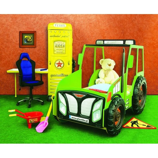 Pat AGRO pentru copii Tractor Farmer cu LED-uri din lemn MDF - Pat Verde in forma de masina cu saltea inclusa