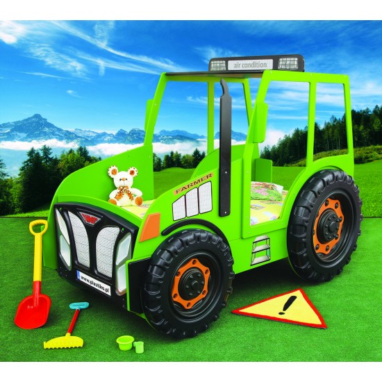 Pat AGRO pentru copii Tractor Farmer cu LED-uri din lemn MDF - Pat Verde in forma de masina cu saltea inclusa