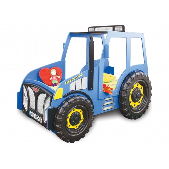 Pat AGRO pentru copii Tractor Farmer cu LED-uri din lemn MDF - Pat Albastru in forma de masina cu saltea inclusa