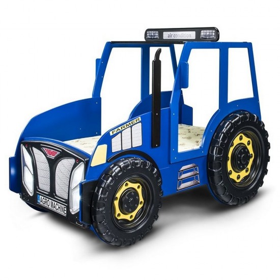 Pat AGRO pentru copii Tractor Farmer cu LED-uri din lemn MDF - Pat Albastru in forma de masina cu saltea inclusa