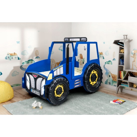 Pat AGRO pentru copii Tractor Farmer cu LED-uri din lemn MDF - Pat Albastru in forma de masina cu saltea inclusa