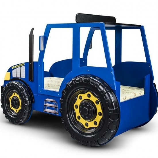 Pat AGRO pentru copii Tractor Farmer cu LED-uri din lemn MDF - Pat Albastru in forma de masina cu saltea inclusa