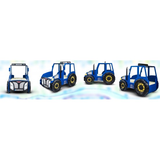 Pat AGRO pentru copii Tractor Farmer cu LED-uri din lemn MDF - Pat Albastru in forma de masina cu saltea inclusa