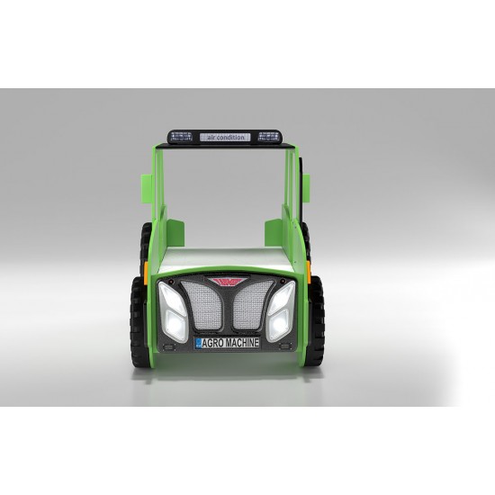 Pat AGRO pentru copii Tractor Farmer cu LED-uri din lemn MDF - Pat Verde in forma de masina cu saltea inclusa