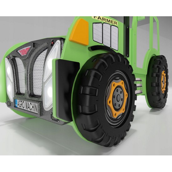 Pat AGRO pentru copii Tractor Farmer cu LED-uri din lemn MDF - Pat Verde in forma de masina cu saltea inclusa