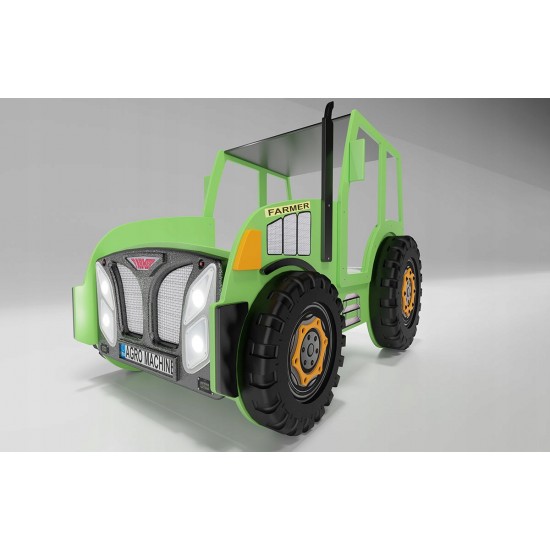 Pat AGRO pentru copii Tractor Farmer cu LED-uri din lemn MDF - Pat Verde in forma de masina cu saltea inclusa