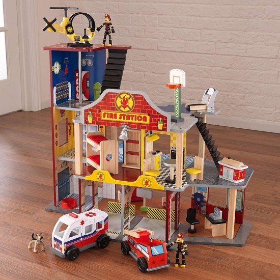 Statie de Pompieri - Deluxe Fire Rescue Station Kidkraft- Centru de joaca din lemn cu masinute de pompieri