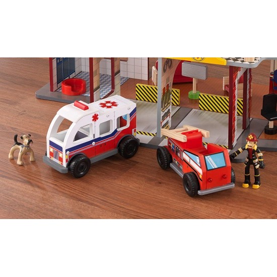 Statie de Pompieri - Deluxe Fire Rescue Station Kidkraft- Centru de joaca din lemn cu masinute de pompieri