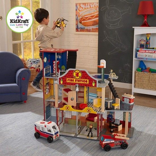 Statie de Pompieri - Deluxe Fire Rescue Station Kidkraft- Centru de joaca din lemn cu masinute de pompieri