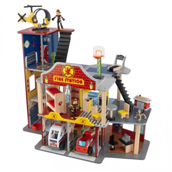 Statie de Pompieri - Deluxe Fire Rescue Station Kidkraft- Centru de joaca din lemn cu masinute de pompieri