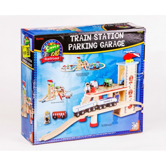 Garaj Statie de Tren cu trei nivele lift pentru masinute si trenulete din lemn Maxim Rail Road Garage Train Station