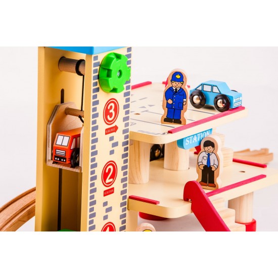 Garaj Statie de Tren cu trei nivele lift pentru masinute si trenulete din lemn Maxim Rail Road Garage Train Station