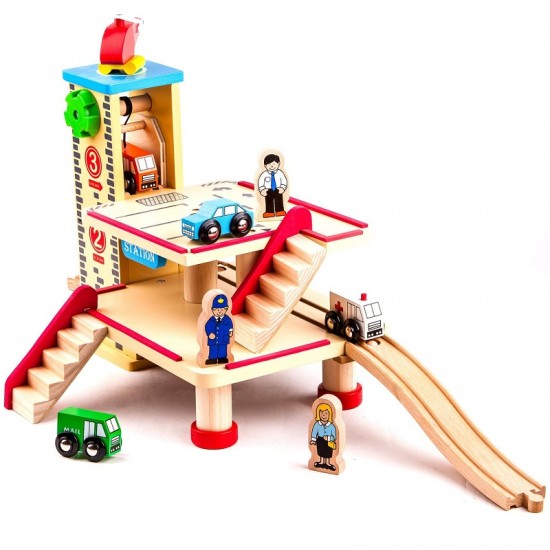 Garaj Statie de Tren cu trei nivele lift pentru masinute si trenulete din lemn Maxim Rail Road Garage Train Station