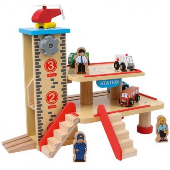 Garaj Statie de Tren cu trei nivele lift pentru masinute si trenulete din lemn Maxim Rail Road Garage Train Station