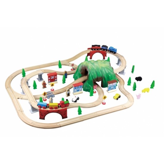 Set trenulete Mountin Rock Town cu circuit montan si tunel dublu Rail Road 100 piese din lemn