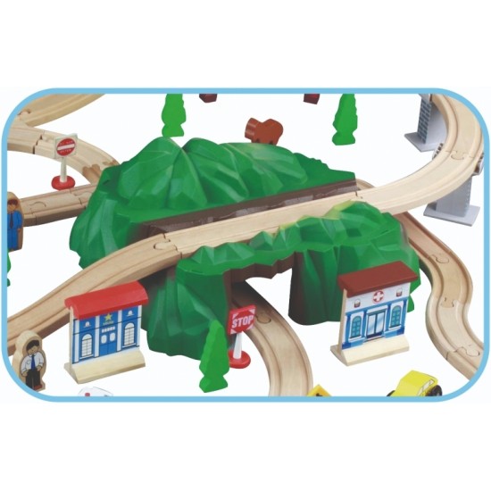 Set trenulete Mountin Rock Town cu circuit montan si tunel dublu Rail Road 100 piese din lemn