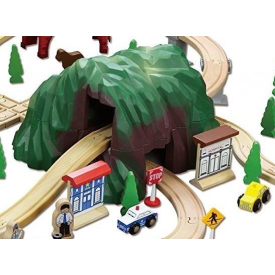 Set trenulete Mountin Rock Town cu circuit montan si tunel dublu Rail Road 100 piese din lemn