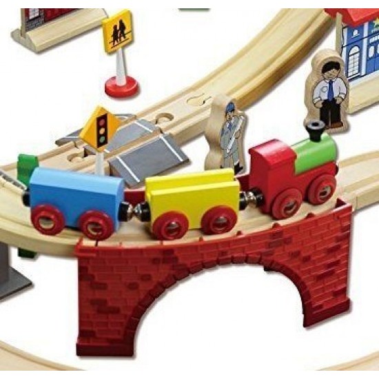 Set trenulete Mountin Rock Town cu circuit montan si tunel dublu Rail Road 100 piese din lemn