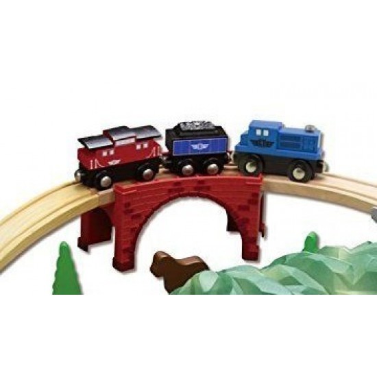 Set trenulete Mountin Rock Town cu circuit montan si tunel dublu Rail Road 100 piese din lemn