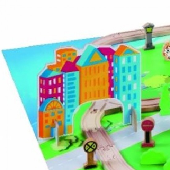 Set trenulet Oraselul de la malul Marii cu 80 piese din lemn cu Pod mare si circuit suspendat MAXIM Shore Side City