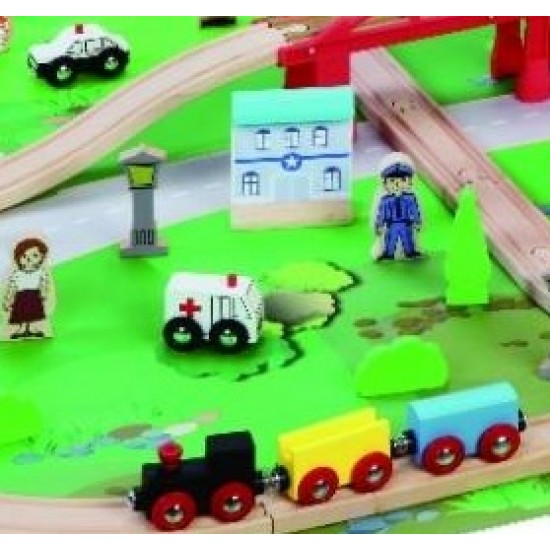 Set trenulet Oraselul de la malul Marii cu 80 piese din lemn cu Pod mare si circuit suspendat MAXIM Shore Side City