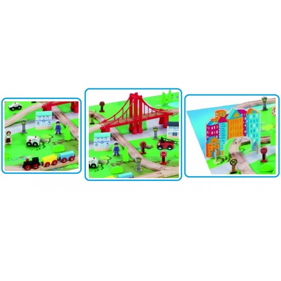 Set trenulet Oraselul de la malul Marii cu 80 piese din lemn cu Pod mare si circuit suspendat MAXIM Shore Side City