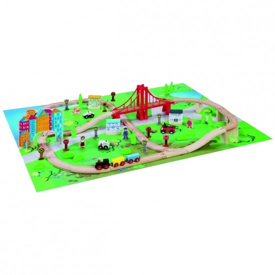 Set trenulet Oraselul de la malul Marii cu 80 piese din lemn cu Pod mare si circuit suspendat MAXIM Shore Side City