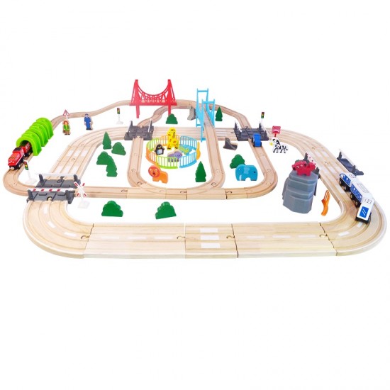Set trenulete cu pista si circuit  autostrada din lemn si sine Rail Road Acooltoy -100 piese