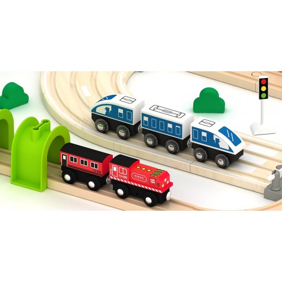 Set trenulete cu pista si circuit  autostrada din lemn si sine Rail Road Acooltoy -100 piese