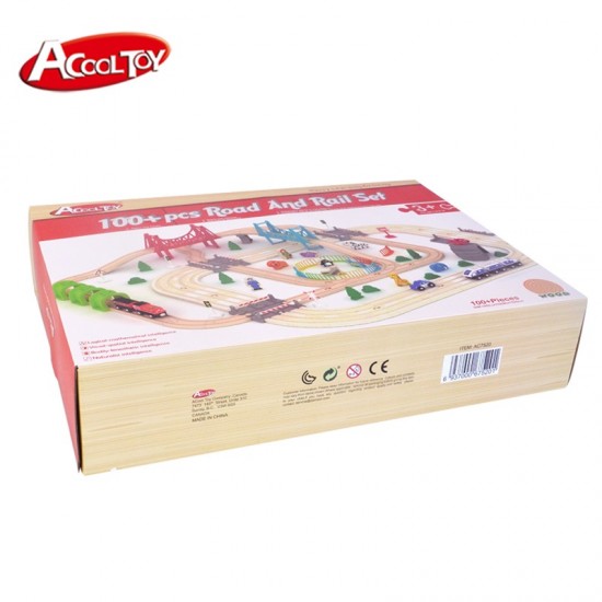 Set trenulete cu pista si circuit  autostrada din lemn si sine Rail Road Acooltoy -100 piese
