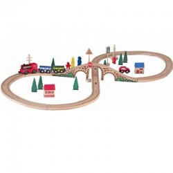Set Trenulet cu Baterie din lemn cu 40 piese sine si accesorii