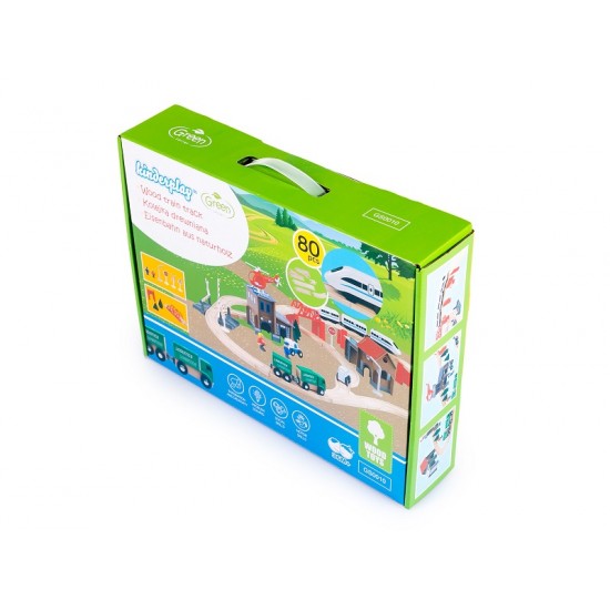 Set trenulet cu baterie Circuit Railway Green Police Station, din lemn cu 80 de piese