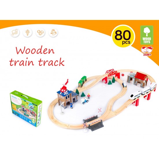 Set trenulet cu baterie Circuit Railway Green Police Station, din lemn cu 80 de piese