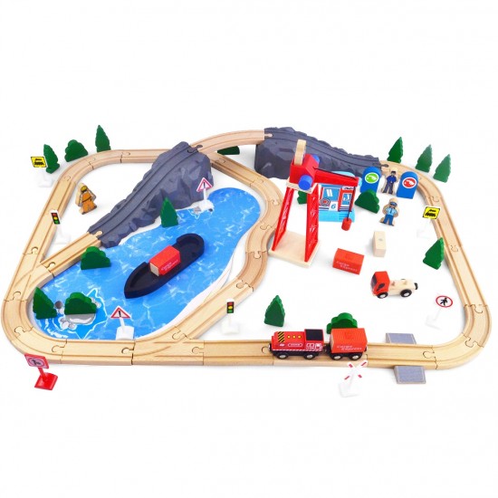 Set trenulet din lemn Port Cargo Express  Rail Train - 80 piese