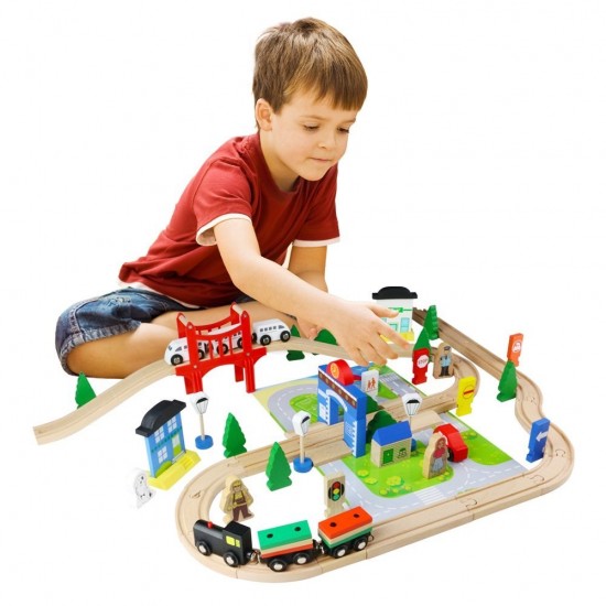 Set trenulete 80 piese My Busy Train din lemn
