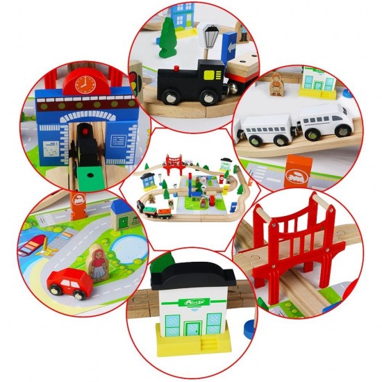 Set trenulete 80 piese My Busy Train din lemn