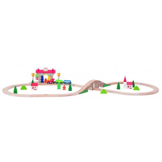 Set Trenulete cu Statie cu Vocala cu Sunete - Sound Station Raiway Set din lemn cu 43 piese sine si accesorii