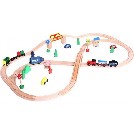 Set trenulet cu Locomotiva Albastara Electrica cu Baterii si sine din lemn 