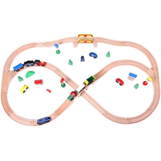 Set trenulet cu Locomotiva Albastara Electrica cu Baterii si sine din lemn 