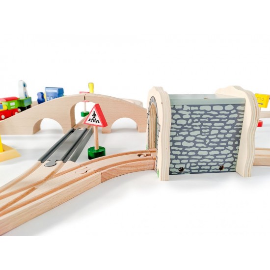 Set trenulete din lemn cu Sunete si Lumini cu Locomotiva Electrica cu Baterie si Semafor cu LED-uri