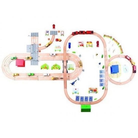 Set Trenulete Electrice cu Baterie Set complet Maxi de extindere cu sine si accesorii pentru trenulete din lemn- 176 piese