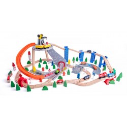 Set Trenulet din lemn Roller Coaster cu macara tunel si 130 de piese