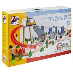 Set Trenulet din lemn Roller Coaster cu macara tunel si 130 de piese