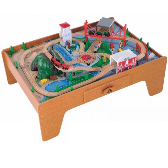 Set trenulet din lemn Big City Train cu masuta de joaca maro